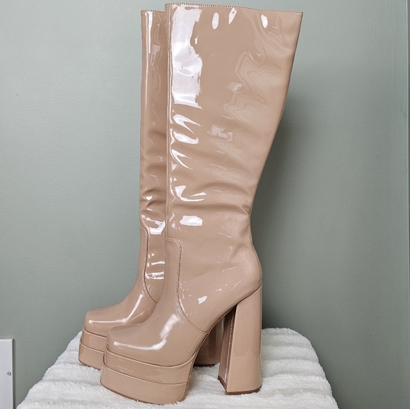 Brunay Light Nude Square Toe Platform Over-the-Knee Boots 7.5 Vegan Leather - Picture 2 of 8
